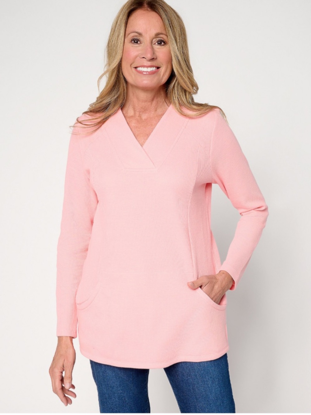NEW Denim & Co. Regular Waffle Knit Crossover V-Neck Tunic Rose Petal Cozy XL